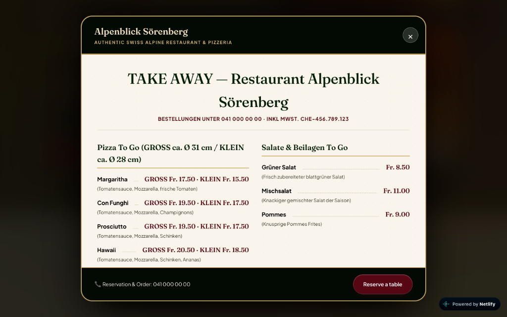 Alpenblick Sörenberg Takeaway Menu